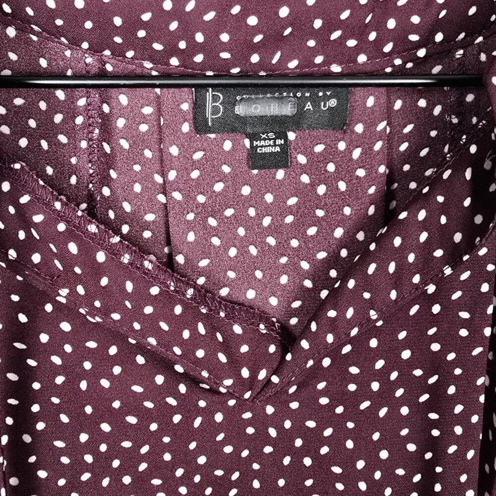 Bobeau Plum Polka Dot Peasant Blouse Tie Neck Boho Top Size XS - Picture 3 of 5